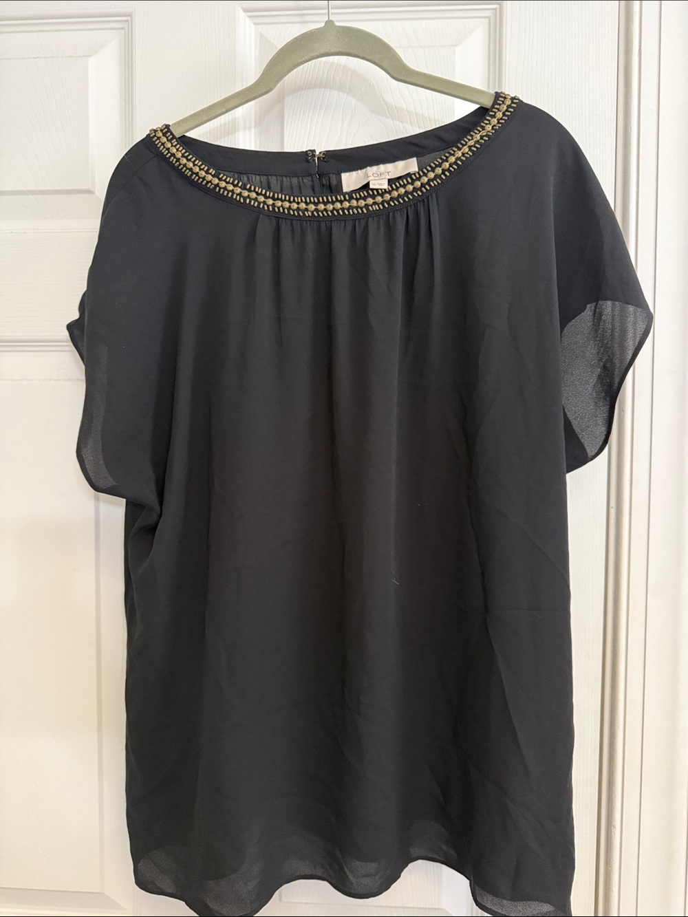 LOFT Black Short Sleeve Blouse with Gold Beaded Neckline